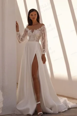 Luxury Wedding Dresses A Line Appliques Elegant Bridal Gowns Long Sleeve High Split Chiffon Princess Vestido De Novia Customized