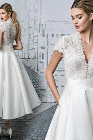 Cap Sleeves V Neck Buttons Lace Back Perspective Short Wedding Dresses Tea Length Wedding Gowns With Pockets Custom Bridal Gowns